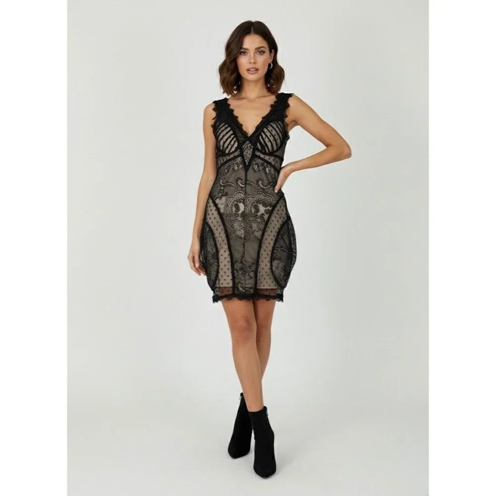 Vintage Bebe Nude & Black Lace Corset Style Mini Dress XS| Femme Fatale Coquette - Picture 12 of 16